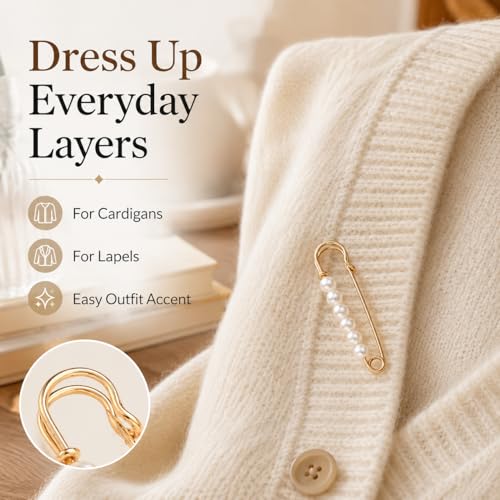 8Pcs Large Faux Pearl Safety Pin Brooch Gold 7.5cm(2.95'')