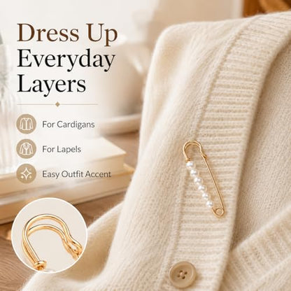 8Pcs Large Faux Pearl Safety Pin Brooch Gold 7.5cm(2.95'')