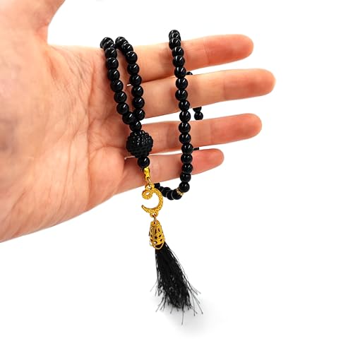 BAYKUL Muslim Prayer Beads 99, Islamic Rosary with Silver Allah Muhammad Engraved Tasbih, Zikr Namaz Worship Ramadan Tesbih Bracelet - color: Dark Pearl