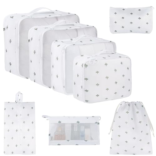 Vercord 8 Set Travel Packing Pods Luggage Organizers Cubes with Laundry Bags Accessories - color: Cactus-8set