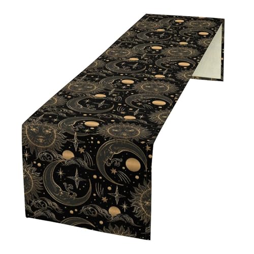 Sun Moon Table Runner, Retro Night Sky Brown Yellow Sun Moon Star Gothic Table Runner for Kitchen Dinning Bedroom Table Decor Party Holiday, 13x36 Inch - color: Sun Moon-9, size: 13"W x 36"L