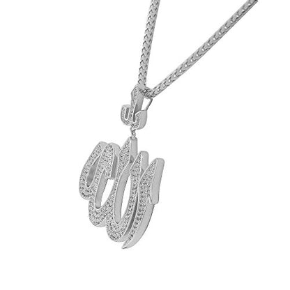 925 Sterling Silver CZ Large Hip-Hop Religious Muslim Islam God Allah Pendant Necklace - color: White