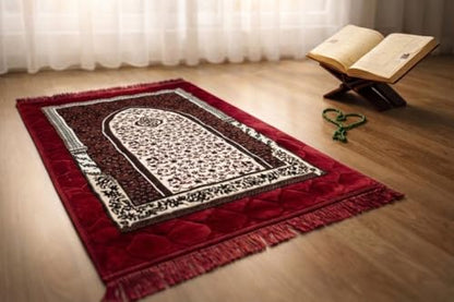 Thick Prayer Mat, Burgundy, Soft Mink Velvet, 27.56 x 43.31 Inches, Padded Quilted Janamaz with Knee Support, Floral Mihrab Design, Traditional Islamic