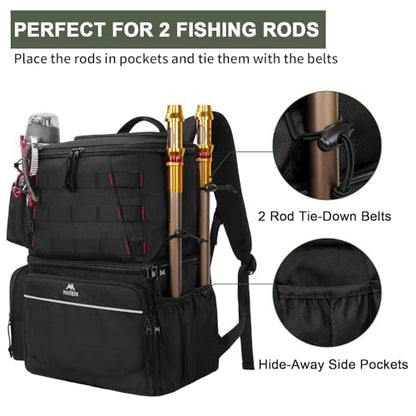 MATEIN Fishing Backpack, Tackle Storage Bag with Rod Holders & Cooler | Water Resistant Fishing Bag Fits 4 3600 Trays, Large Wide Open Tackle Box Backpack, Gifts for Fishermen - color: Black - Large