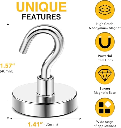 DIYMAG Strong Neodymium Magnetic Hooks, 170 Lbs Heavy Duty Rare Earth Magnets with Hook, Strong Corrosion Protection Facilitate Hook 12 Packs - size: 1.41in