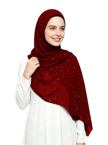 Lina & Lily Sparkle Shimmer Gold Glitter Women's Chiffon Hijab Head Scarf Shawl Wrap Lightweight - color: Dark Red