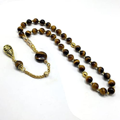 Design -Tiger Eye Stone Series Worry Beads - Prayer Beads (8 mm-33 Beads) Tesbih-Tasbih-Tasbeeh-Misbaha-Masbaha-Subha-Sebha-Sibha-Rosary (Tiger Eye Stone-Gold Tassel) - color: Tiger Eye Stone-Gold Tassel