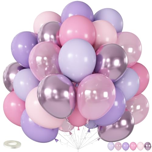 Pastel Pink Purple Balloons, 12 Inch Pearl Light Pink Metallic Purple Iridescent Party Balloons for Girls Women Bridal Baby Shower Wedding Disco Princess Mermaid Butterfly Fairy Birthday Party Decor - color: Pink Purple