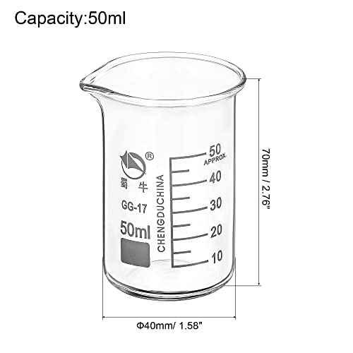 PATIKIL 50ml Tall Form Glass Beaker, 2 Pack 3.3 Borosilicate Glass Graduated Printed Scale Measuring Cups with Spout for Kitchen Lab Liquids Transit Boiling - size: 50ml