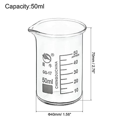 PATIKIL 50ml Tall Form Glass Beaker, 2 Pack 3.3 Borosilicate Glass Graduated Printed Scale Measuring Cups with Spout for Kitchen Lab Liquids Transit Boiling - size: 50ml