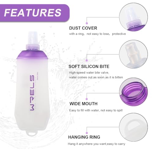 WRELS 200ml/350ml/500ml Collapsible Soft Flask,BPA Free Folding Soft Water Bottle with Hanging Ring,Lightweight TPU Hydration Flask for Running Marathon Cycling Hiking(200ml-2 Packs) - color: Purple-200ml*2
