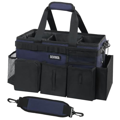 SCAVATA Wearable Cleaning Caddy Bag, Cleaning Caddy Supplies Organizer with Handle & Shoulder Straps for Housekeepers, Under Sink & Car Cleaning Tool Organizers with 4 Foldable Divider Navy (DarkBlue) - color: DarkBlue