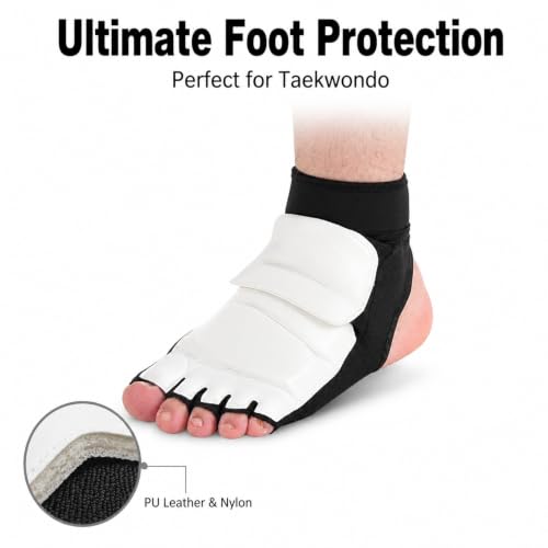 Taekwondo Foot Protector Gear, PU Leather Martial Arts Foot Guard, 1 Pair for Men Women - Adjustable Ankle Support, Breathable Half Finger Design, Training and Competition Use