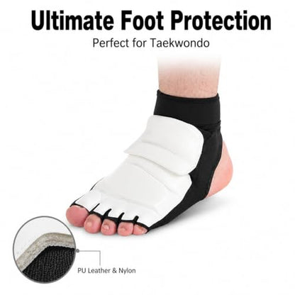 Taekwondo Foot Protector Gear, PU Leather Martial Arts Foot Guard, 1 Pair for Men Women - Adjustable Ankle Support, Breathable Half Finger Design, Training and Competition Use