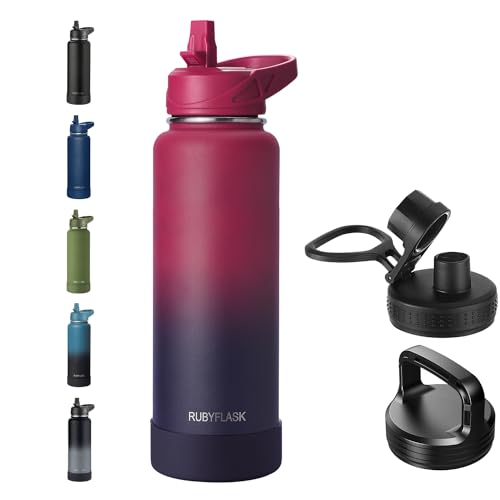 RUBYFLASK 40 oz Insulated Stainless Steel Water Bottle with Straw | 3 Lids, Wide Mouth, Metal Vacuum Leakproof Water Jug Flask and Handle, Large Thermal Cup with Silicone Boot, Dark Rainbow - color: N-Dark Rainbow, size: 40 Ounces