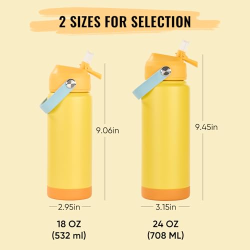 Fijinhom 18oz Insulated Stainless Steel Water Bottle, Wide Mouth Double Wall Vacuum, Silicone Straw, Sweat & Leak Proof, BPA Free Insulated Water Flask for Travel, Keep Cold 24h Hot 12h, Lemon - color: Lemon, size: 18 Ounces