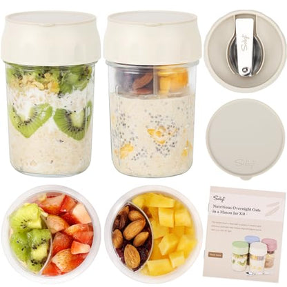 SOLIGT 2 Pack Overnight Oats Containers with Lids, Folding Spoons and Divided Compartments for Fruit & Nuts, Small Glass 16oz Mason Jars for Oatmeal Yogurt Parfait (2 Set-Oat White/Oat White) - color: 2 Set-Oat White/Oat White
