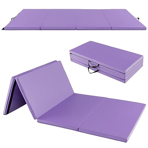 GYMAX Gymnastics Mat, 4 FT x 8 FT x 2 Inches Folding Exercise Mat w/Carry Handles & Sturdy Stitching Waterproof Cover, Tumbling Mat for Yoga Stretching Martial Arts Home Gym - color: Purple