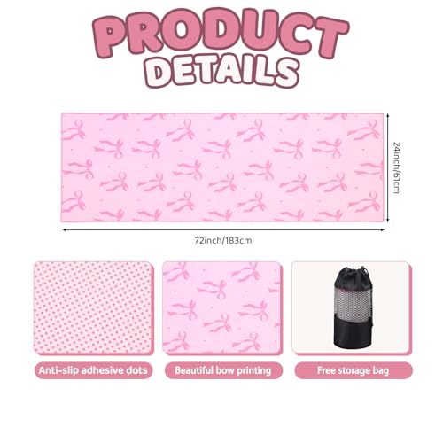 Breling Pink Bow Yoga Mat Towel with Grip Dot Preppy Coquette Bow Non Slip Ultra Absorbent Soft Microfiber Towel Without Hot Yoga Mat 72 x 24 Inch for Pilates Fitness Gym Women Birthday Gifts - color: Pink