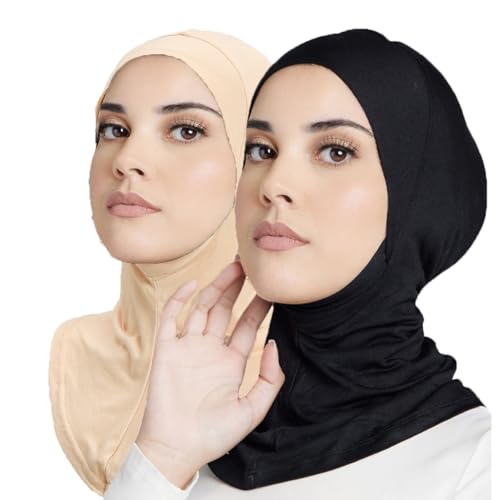 Women Slouchy Beanies Cap Soft Hijab Cap Under Scarf for Women Muslim Jersey Hijab Undercaps(1PC/2PC) - color: Black+beige