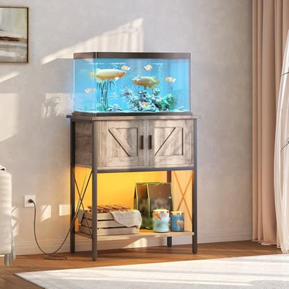 HOOBRO 20 Gallon Fish Tank Stand with Power Outlets and LED Light, Metal Frame Aquarium Stand, Reptile, Turtle Tank Stand with Cabinet Storage, 27.6'' L x 15.7'' W, 300 LBS Capacity, Greige BG40UDFT01 - color: Greige + Black