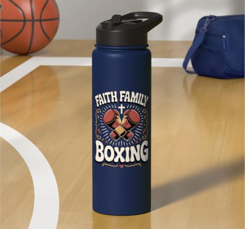 Faith Family Boxing Boxer Fighter Combat Sport Stainless Steel Insulated Water Bottle - color: Navy Blue