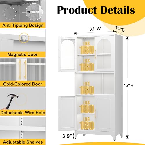 SteeLoong Metal Kitchen Pantry Storage Cabinet，75" Tall Storage Cabinets with 4 Doors and Adjustable Shelves ，White Hutch Cabinet with Microwave Stand,Large Kitchen Cupboard for Dining Room