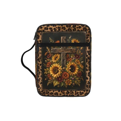Cross Sunflower Leopard Bible Cover Case with Handle and Zippered Pocket - color: Cross Sunflower Leopard