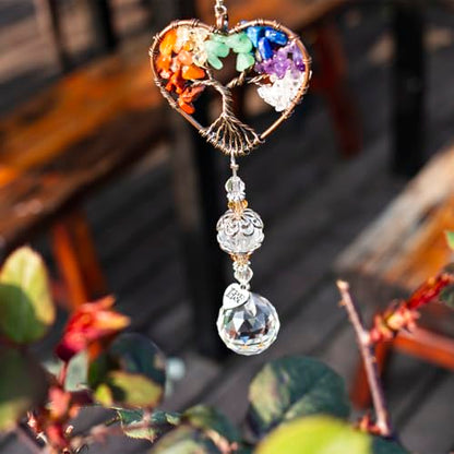 H&D HYALINE & DORA Suncatcher Window Hanging Tree of Life Heart Shaped Crystal Ball Prism Drop Pendant - color: Colorful