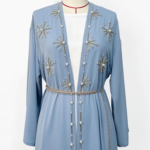 IDOPIP Muslim Abayas for Women Long Sleeve Open Front Cardigan Rhinestone Applique Islamic Dubai Maxi Kaftan Dress with Belt - color: Blue, size: Small