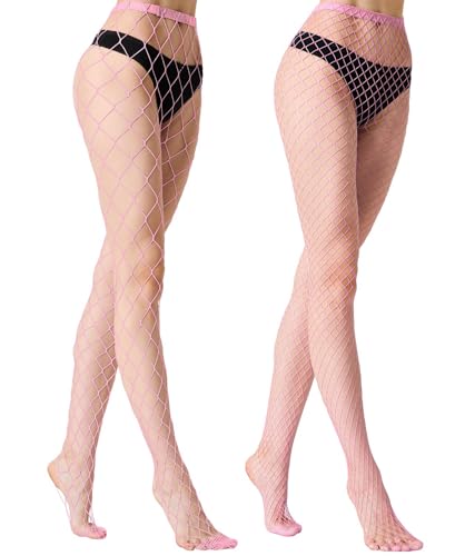 MengPa Women's Fishnets Tights High Waist Stockings Party Thigh High Pantyhose - color: 2pcs-pink