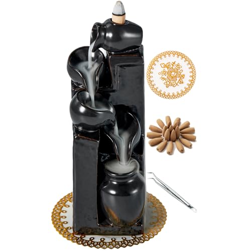 Unique Cascading Basins Ceramic Waterfall Incense Holder, Paired with a Pack of Backflow Incense Cones. (Black) - color: Black