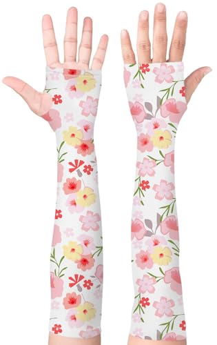 Bebila Gardening Sleeves for Women Farm UV Sun Protection Anti-Scratch Cooling Sleeves with Thumb Hole Arms Cover Outdoors - color: Pink Flowers