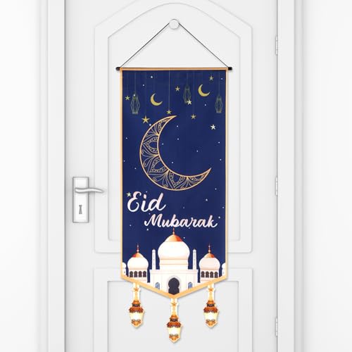 Eid Mubarak Banner, 40x15.55 Inch Ramadan Door Hanging Sign Eid Mubarak Door Sign Ramadan Banner Eid Mubarak Decoration Ramadan Decorations for Home Door