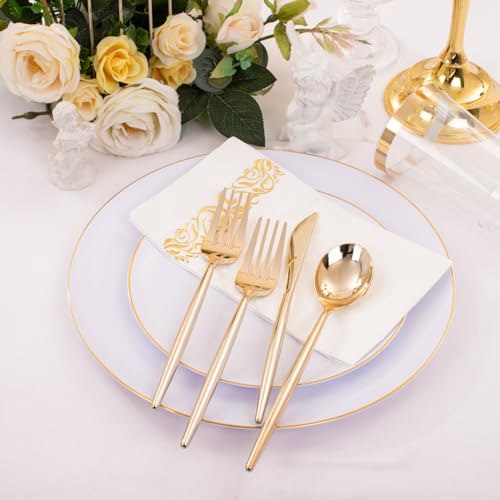 MirthMood 350Pcs White and Gold Dinnerware Set,Plastic plates Includes:50 Dinner Plates, 50 Dessert Plates, 150 Gold Plastic Cutlery,50 Paper Towels & 50 Cups for Party&Wedding - color: White, size: 350