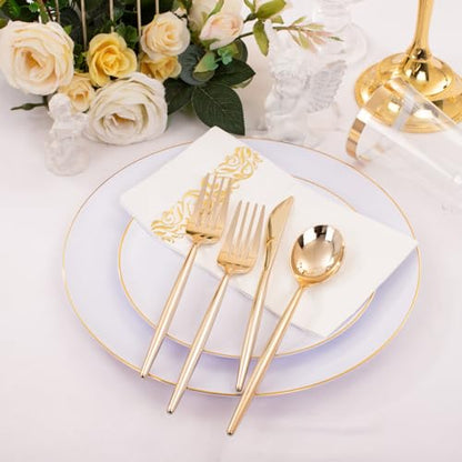 MirthMood 350Pcs White and Gold Dinnerware Set,Plastic plates Includes:50 Dinner Plates, 50 Dessert Plates, 150 Gold Plastic Cutlery,50 Paper Towels & 50 Cups for Party&Wedding - color: White, size: 350