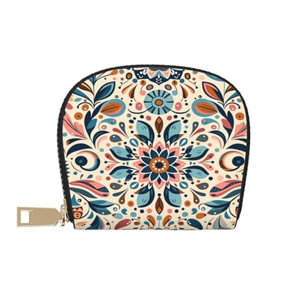 Scandinavian Folk Art RFID Blocking Semi Circle Card Holder PU Leather Zipper Wallet Pouch Keychain Bag for Women Men, Slim Small Credit Card Case Organizer with 12 Slots - color: Scandinavian Folk Art