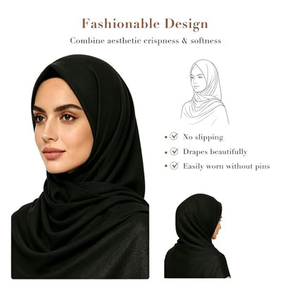 Black Muslim Hijab for Women, 70% Polyester 30% Linen Headscarf, 72.83" x 31.5" Breathable Modest Shawl Wrap for Daily Ramadan