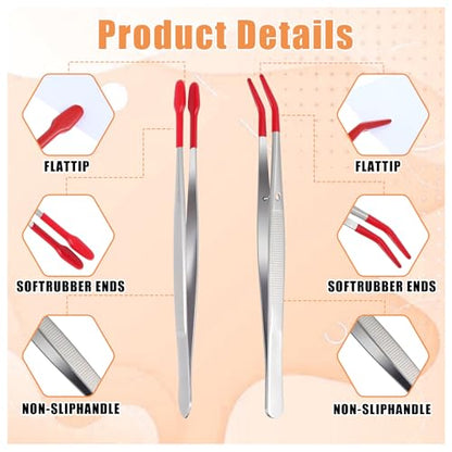4 Pieces Tweezers with Rubber Tips PVC Rubber Coated Tweezers Rubber Long Bent Tip Tweezer and Straight Flat Tip Tweezer for Lab Stamp Hobby Jewelry Crafts Feeding (Silver, Red) - color: Red