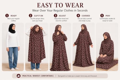 Women's Prayer Dress, One-Piece, Hibiscus Design, Lightweight, to be Worn Over Clothing, Free Size, 58 inch Front Length - color: Maroon