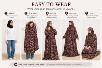 Women's Prayer Dress, One-Piece, Hibiscus Design, Lightweight, to be Worn Over Clothing, Free Size, 58 inch Front Length - color: Maroon