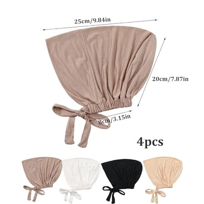 4PCS Hijab Underscarf Hijab Undercap Non Slip Hijab Cap Breathable Adjustable Hijab Underscarf with Tie-Back Closure Hijab Cap for Women