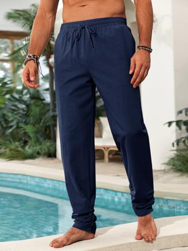 Runcati Mens Kaftan Thobe Pants Cotton Casual Elastic Waist Drawstring Muslim Trousers Summer Yoga Kurta Pants with Pockets - color: Navy, size: Medium