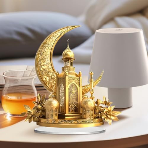 EUBUY Ramadan Decorations Acrylic Mubarak Sign Centerpiece, Golden Crescent Moon Mosque Acrylic Desktop Decoration for Muslims Home Bedroom Decor