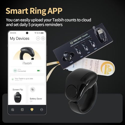 XG.&co Zikr Smart Ring,Adjustable Ring Finger Counter, Tasbeeh Counters, Prayer Direction Indicator Guide,5 Azan Alarm Clock, APP Support Eid al-Fitr Eid Muslims - style: Black 18 20 22mm
