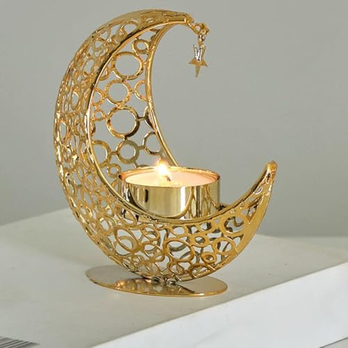 Crescent Moon Candle Holder with Star - Metal Tealight Stand for Ramadan Decor, Candlestick Holder Eid Mubarak, Boho Moon and Star Decorative Ornament for Bedroom, Living Room,Meditation Centrepiece