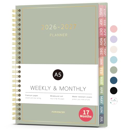 Aug 2026 - Dec 2027 Planner, Forvencer 17 Month Academic Planner 2026-2027, 6.3" x 8.4", Calendar Planner Weekly and Monthly, Daily Agenda Book, College School Supplies for Student Teacher, A5, Green - color: Green, size: 6.3" X 8.4"