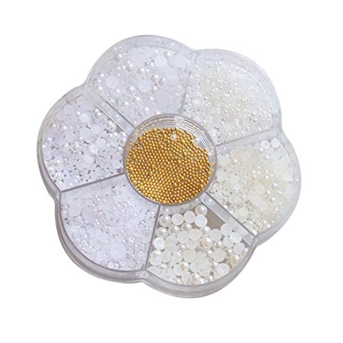 Nail Art Flatback Pearls Charms - White Half Round Crafts Beads With Gold Caviar Ball - Luxurious Design Jewelry Accessories - color: White Pearl With Metal Beads