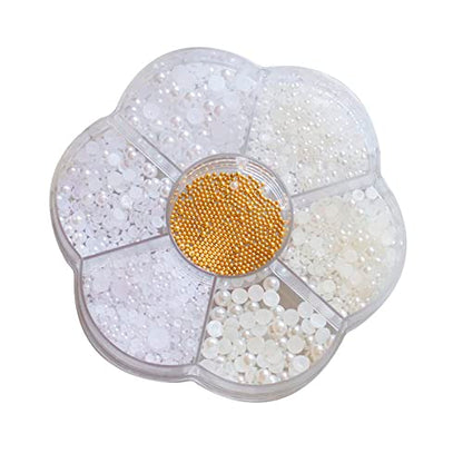 Nail Art Flatback Pearls Charms - White Half Round Crafts Beads With Gold Caviar Ball - Luxurious Design Jewelry Accessories - color: White Pearl With Metal Beads