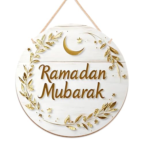 Ramadan Wreath for Front Door - Islamic Ramadan Mubarak Wooden Hanging Sign Ramadan Door Decoration Eid Mubarak Moon Stars Leafy Vine Branches Pattern Outdoor Home Wall Window Decor Gifts